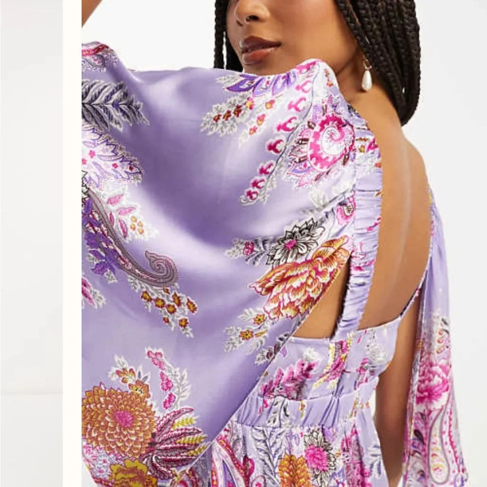 ASOS Lilac Satin V-Neck Flutter Sleeve Floral/Paisley Print Maxi Dress. Size 4